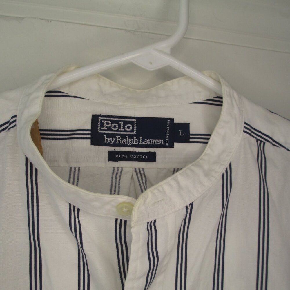 Polo Ralph Lauren Mens XL Band Collar Shirt White Blue Striped Long Sleeve West - Picture 2 of 6